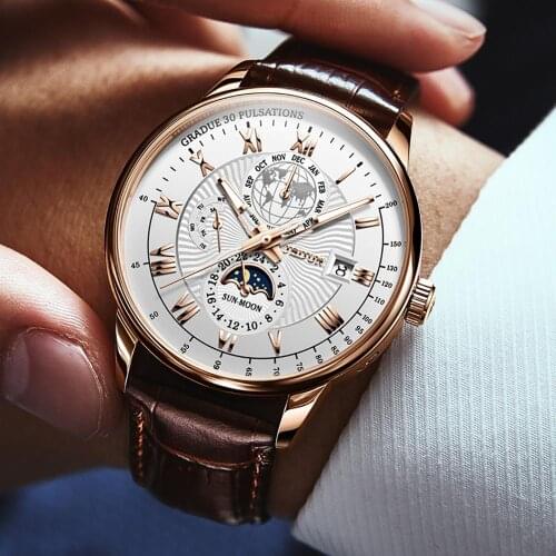 JSDUN Men Mechanical Watch Moon Phase Luxury Automatic Watch Leather 50M Waterproof Sports Wristwatch relogio masculino 8909