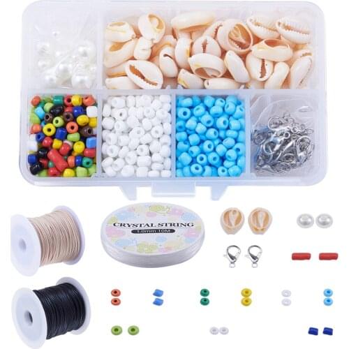 DIY Jewelry Making Set Kit With Cowrie Shell Beads Glass Seed Beads Jump Rings Lobster Claw Clasps and Waxed Polyester Cords