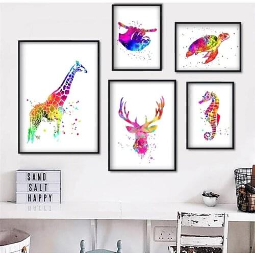 Deer Giraffe Sea Horse Turtle Animal Wall Art Canvas Painting Scandinavian Posters and Prints Living Room Home Decor Pictures