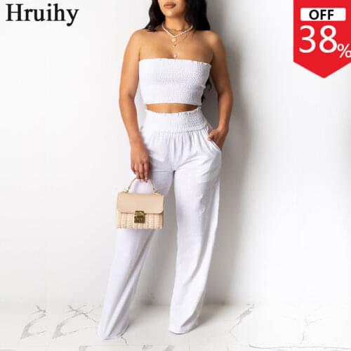 Solid Color Strapless Tops&woman Pants Two Piece Set Women Ruched Casual Fashion Office Lady Clothes for Women Pockets Elegant