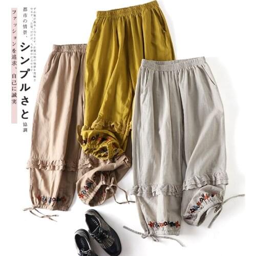 Autumn Women Japan Style Cotton and linen Embroidery Harem Pants Lace Embroidered Casual Bloomers