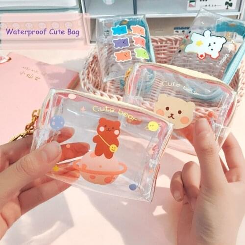 SKYSONIC Cartoon Transparent Storage Bag Waterproof PVC Zipper Wallet Bear Kawaii Protable Organizer Bag Stationery Holder