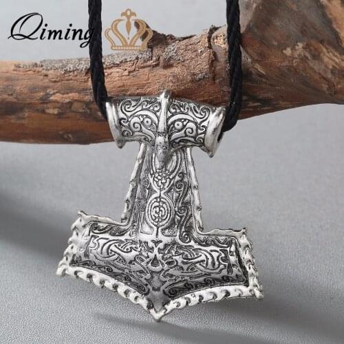 QIMING Vikings Raven Thors Hammer Amulet Necklace Pendant Necklace Women Men Original Animal Viking Jewelry Collier