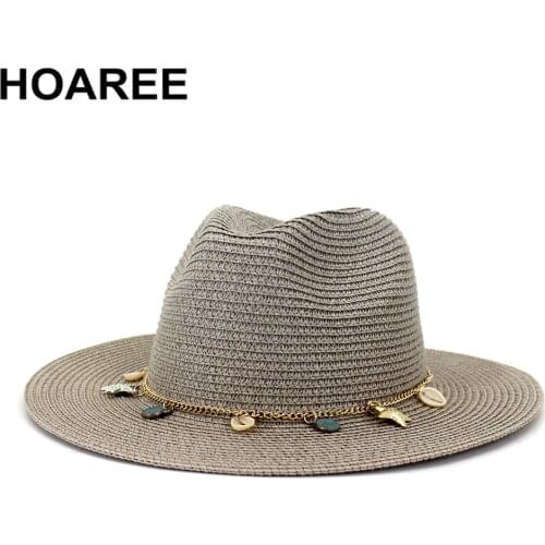Panama Hat Women Summer Straw Sun Hat Gray Wide Brim Ladies HatsTravel Beach British Style Brand New Female Fedora