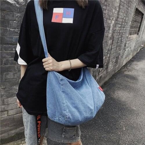 Korean Fashion Women&Men Bags Cool Cotton Denim Bag Crossbody Bags Large-capacity Collage Student Shoulder Bag Book Bag Bolsa