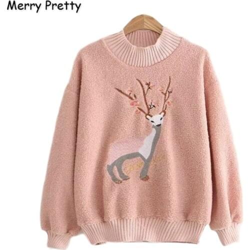 MERRY PRETTY Womens Cartoon Embroidery Plus VelvetHoodies Sweatshirts 2020 Winter Long Sleeve O-Neck Pullovers Femme Tracksuit