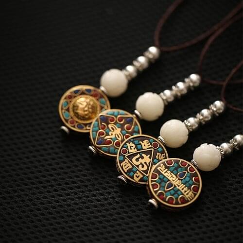 Tibetan Buddhist Handmade Lucky Rope Om Mani Padme Hum Pendant Necklace For Men Women Ethnic Carved Lotus Yoga Spiritual Jewelry
