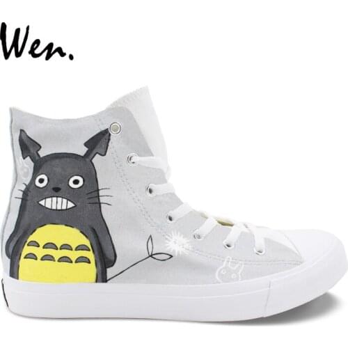 Wen Hand Painted Shoes Design My Neighbor Totoro Yellow Potbelly High Top Grey Anime Girl Canvas Sneakers Boy Skateboard Shoes