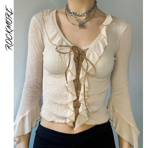 Rockmore Vintage Elastic Folds T-shirt Women Aesthetic Tie Up Crop Top Autumn Ladies Casual Knit Tee Shirt 90s Grunge Fairycore