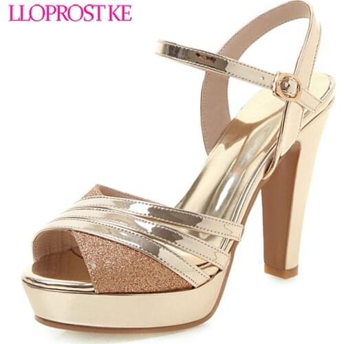 Lloprost ke Women Sandals Square Heel High Heel Platform Shoes Woman Open toe Buckle Straps 2019 Summer Sandals Gold Silver H292