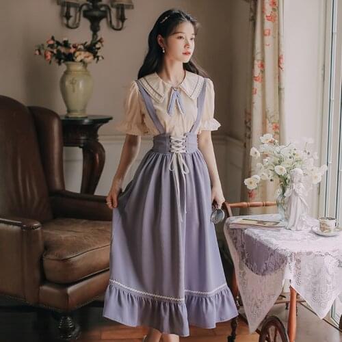 Japan Mori Girl Style Women Outfits Vintage Modern 2 Piece Sets Cute Peter Pan Collar Ribbon Shirt & Elastic Waist Bandage Skirt