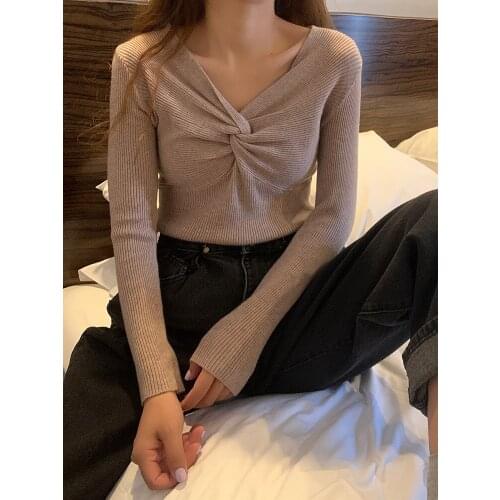 Womens V-Neck Criss Cross Twisted Back Pullover Knitted Crop Sweater Jumper Tops Fall Clothes For Women ropa mujer женская одеж