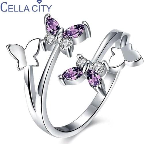 Cellacity korean Butterfly Opening Ring With amethyst gemstone 925 silver women finger ring Anniversary Gifts wholesale