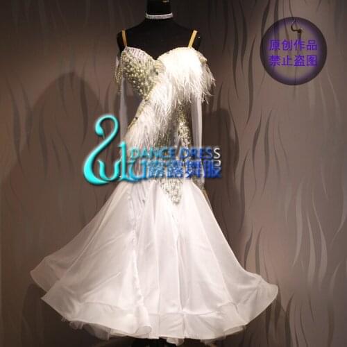 Women swing tango waltz Smooth us 8 dance competition dress Gradation ballroom dance dress White Pearl ballroom dance dress
