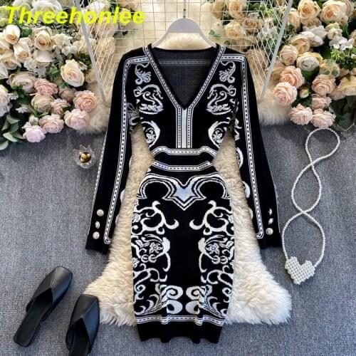 Women Knitted Dresses Ladies Slim Black Sexy V-neck Stretch Long-sleeved Indie Folk Knitting Sweater Pencil Dress 2021 Autumn
