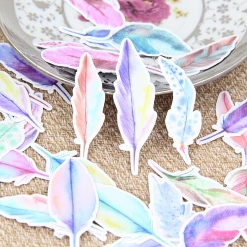 36pcs Colorful Watercolor Drawing Feather Scrapbooking Stickers DIY Craft Decorativ Paper for Bullet Journal Albums Diary Deco