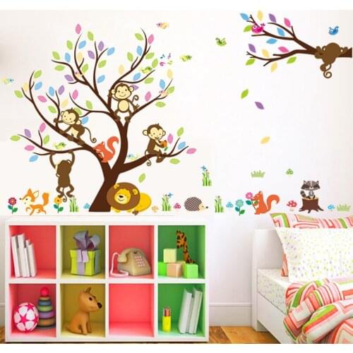 3D Colorful happy tree squirrel Forest Animal monkey Lion fox Wall Sticker living room Mural Decal Kids Home Decor art stickers