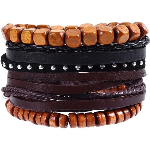 4pcs/set punk dark brown leather cube tube wood beads alloy rivet charm cord knots wrap wide ban Bracelets Bangles for man