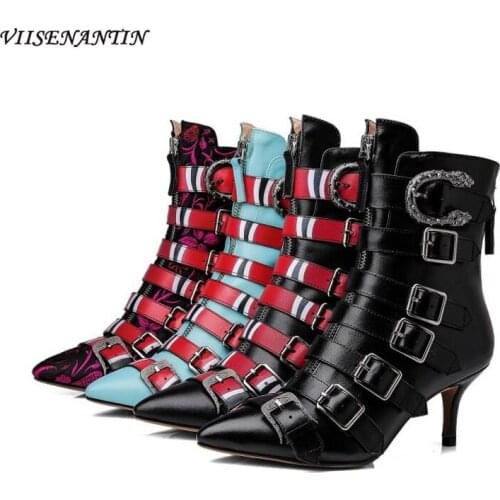 European and American Mixed Colors Pointed Toe High Heel Retro Rivet Buckle Motorcycle Ankle Boots Autumn and Winter Shoes Women