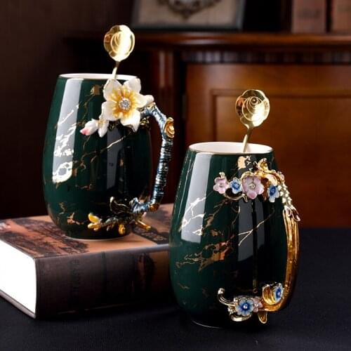 Cearmic coffee cup milk mugs Creative Metal handle Mug Flower Tea coffee cup with spoon birthday gift Household water cups