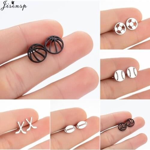 Jisensp Unique Fashion Basketball Volleyball Baseball Football Stud Earrings Stainless Steel Earring Sport Jewelry for Women Men