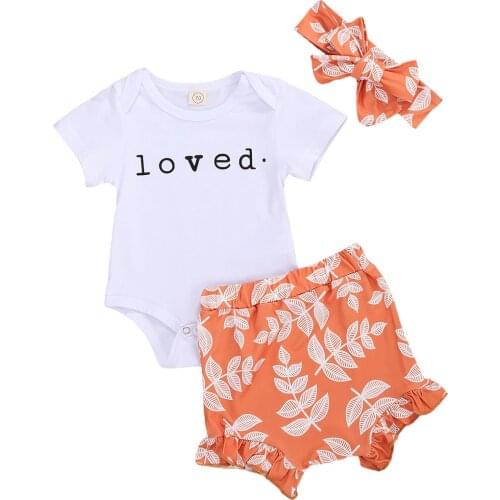 2020 Infant Baby Girl Clothing 0-18M Cute Letter Short Sleeve Romper Tops+Leaf Ruffle Shorts Pants 3pcs Outfits Set