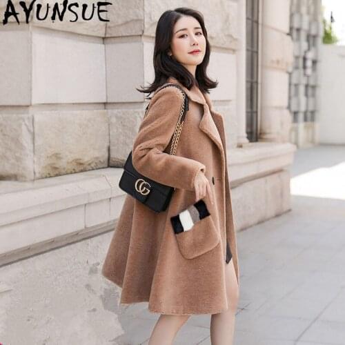 AYUNSUE 100% Wool Coat Female Sheep Shearling Fur Jackets 2020 Winter Jacket Women Long Coats Korean Outwear Suede Lining MY3704