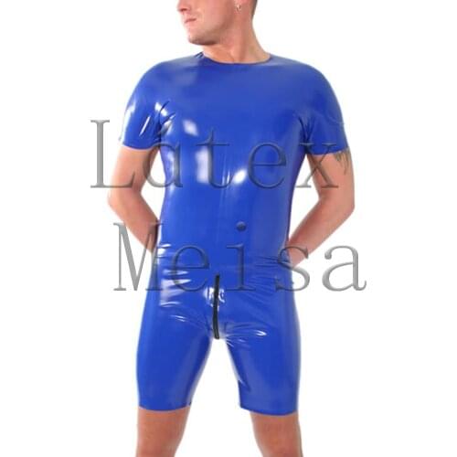 Latex zentai round neck bodysuit blue exotic with back zip to abdomen for men