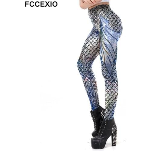 FCCEXIO Galaxy Mermaid Leggings Women Sexy Fish Scales Printed Workout Legging Colorful Shining Skinny Leggins Fitness Pants