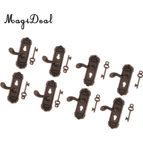 8 Pieces 1/12 Scale Dollhouse Miniature Vintage Door Locks Keys Right Left Handles DIY Scene Accessories