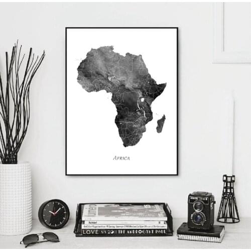 Wall Art Canvas Painting Africa Map Posters and Prints Watercolor Map Travel Grey Black White Picture for Living Room Home Decor