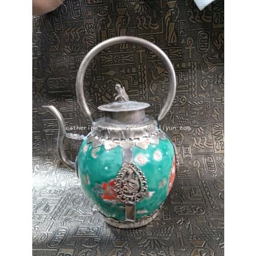 Very rare Qing Dynasty silver &procelain teapot,monky,with mark,Free shipping