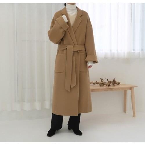 Wholesale Womens Autumn Winter Wool Coat With Belt Plus Size Windbreaker Cardigan Lapel Collar Loose Outerwear