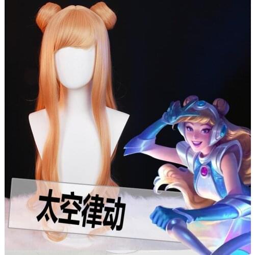 75-80cm Long Wig LoL Space Groove Lux Cosplay Wig Orange Blonde Wig with Buns Long Wavy Women Wig Synthetic Wig Heat Resistant