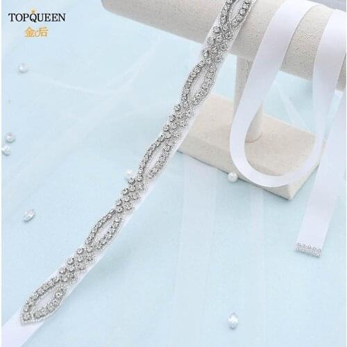 TOPQUEEN S332 Bride Belts with Rhinestones Wedding Sash Belt Plain Wedding Sash Waist Belt Diamond Appliques for Wedding Dress