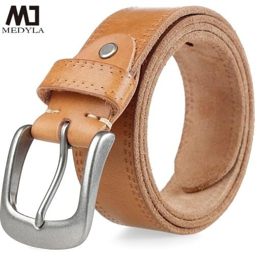 MEDYLA Vintage Cowhide Mens Belt Alloy Pin Buckle Natural Leather Non-layered Jeans Belt Used For Men Classic Quality Belt 532