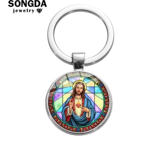 SONGDA Christian Jesus Keychain Religion Peace Love Jesus Fish Cross Cartoon Glass Art Photo Pendant Car Key Chain Bag Key Ring