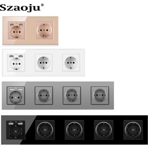 Szaoju Wall Sockets Single Power Outlets Double Frame With USB Sockets Glass Panel Triple Sockets Kids Protection 16A AC110-250V