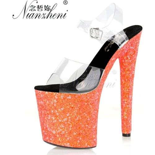 20CM Super High Heeled Small Size Nightclub Pole Dancing Shoes Show Clear Shallow Bling Platform 8 Inches Womens Sandals Style