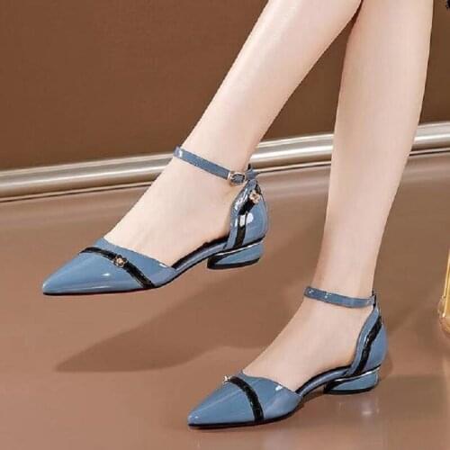 Summer Women Fashion Sweet Blue Pu Leather Office Low Heel Shoes Lady Casual Spring Heel Party Pumps 2021 New Sandals