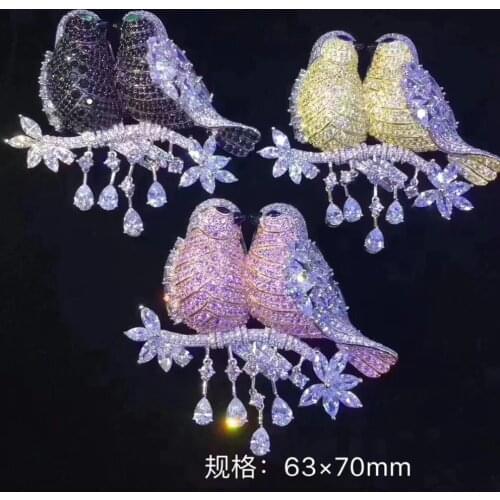 Big birds brooch pins double birds fine women jewelry 925 sterling silver high quality 63*70MM
