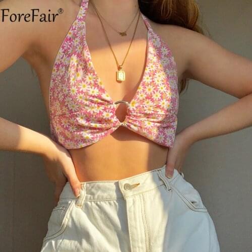 Forefair Halter Floral Printed Pink Women Sexy Crop Top Sleeveless Bandage Backless Off Shoulder Y2k Tank Top 2021 Summer Casual