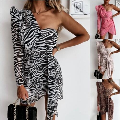 Fashion New Autumn Mini Dress Women Elegant Female One Shoulder Casual Ladies Leopard Print Sexy Slash Vestido Feminino
