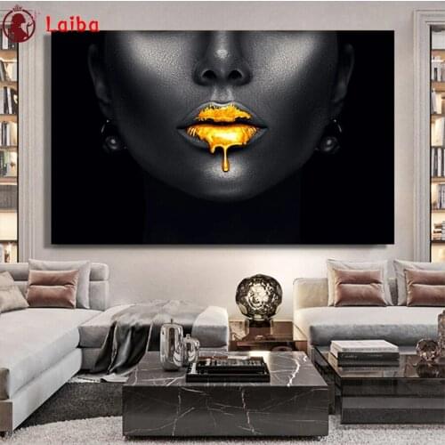 Diamond Embroidery Gold-Lips-African-Black-Woman Picture Diamond Painting Full Square round drill Mosaic Cross Stitch Wall Art
