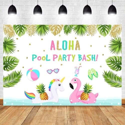 Aloha Pool Party Bash Backdrp Cute Unicorn Pink Duck Swimming Ring Photo Background Summer Kids Party Banner Decrate Backdrops