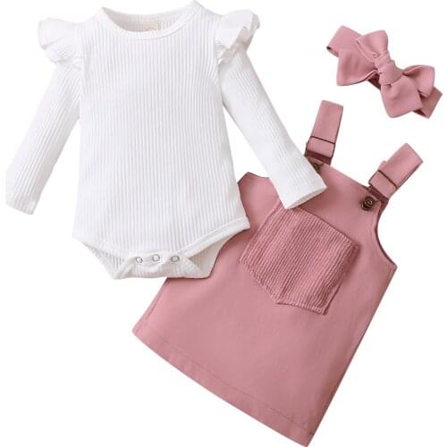 Childrens Clothing For Newborn Solid Color Long Sleeve Round Collar Romper Pocket Suspender Skirt Headband Baby Girl Clothes