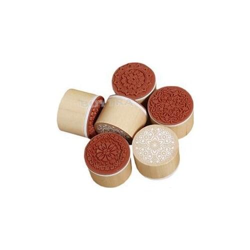 DIY 6pcs/SET Assorted Retro Vintage Floral Flower Pattern Round Wooden Rubber Stamp Scrapbook