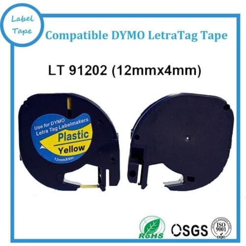DYMO Letratag plastic label tape 12mm x 4m 1/2" W X 13' L black on Yellow dymo LT 91202 for dymo letratag printer