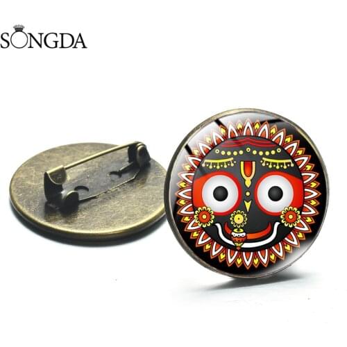 India Hindu God Jagannath Photo Glass Cabochon Brooch Pin Cartoon Face Religious Brooch For Women Men Gift Jewelry