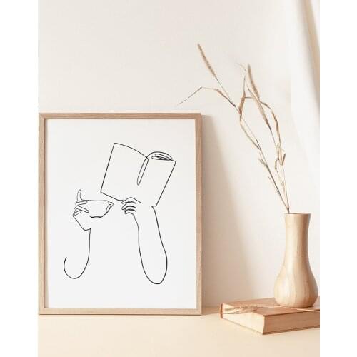 Coffee Art Print Abstract Woman Hands Book Line Drawing Canvas Painting Bookish Poster Bookstore Wall Art Picture Decor